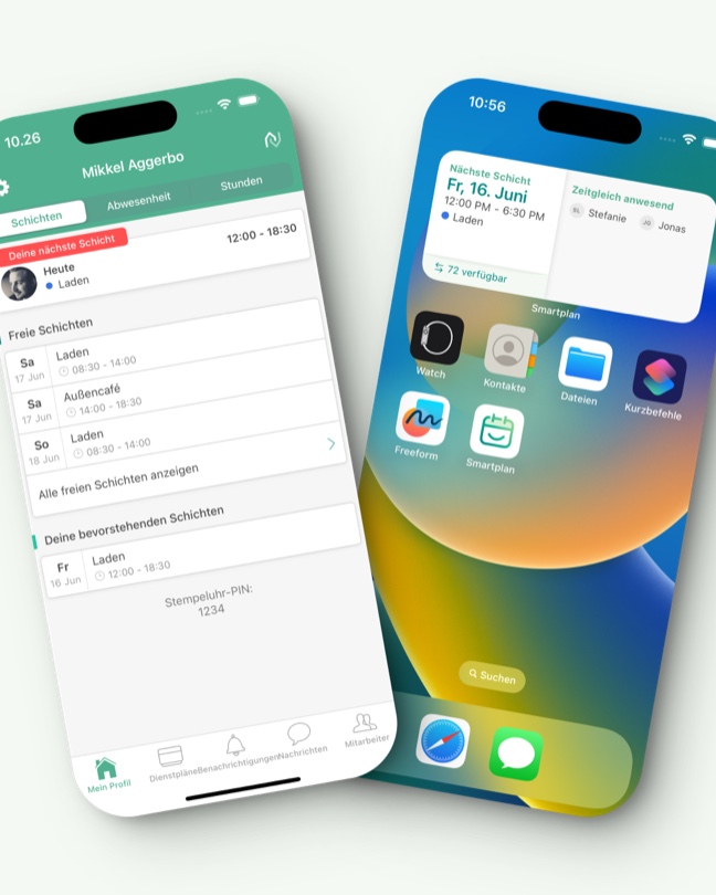 Bild, das zwei Handys zeigt. Das eine die Smartplan App und das andere den Startbildschirm mit dem Smartplan Widget.