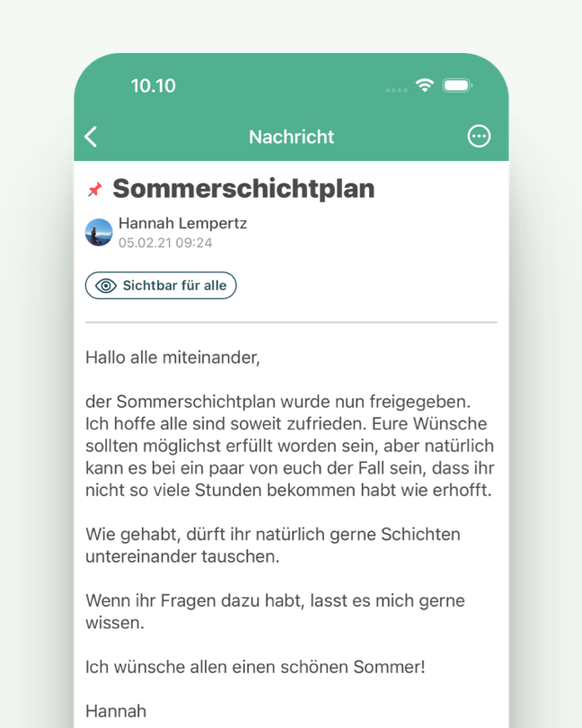 Bild aus der App mit einer Nachricht an die Belegschaft.