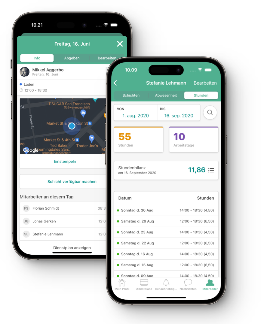 Zwei Handys zeigen die Smartplan App mit jeweils einer Stempeluhr und mit erfassten Arbeitszeiten.