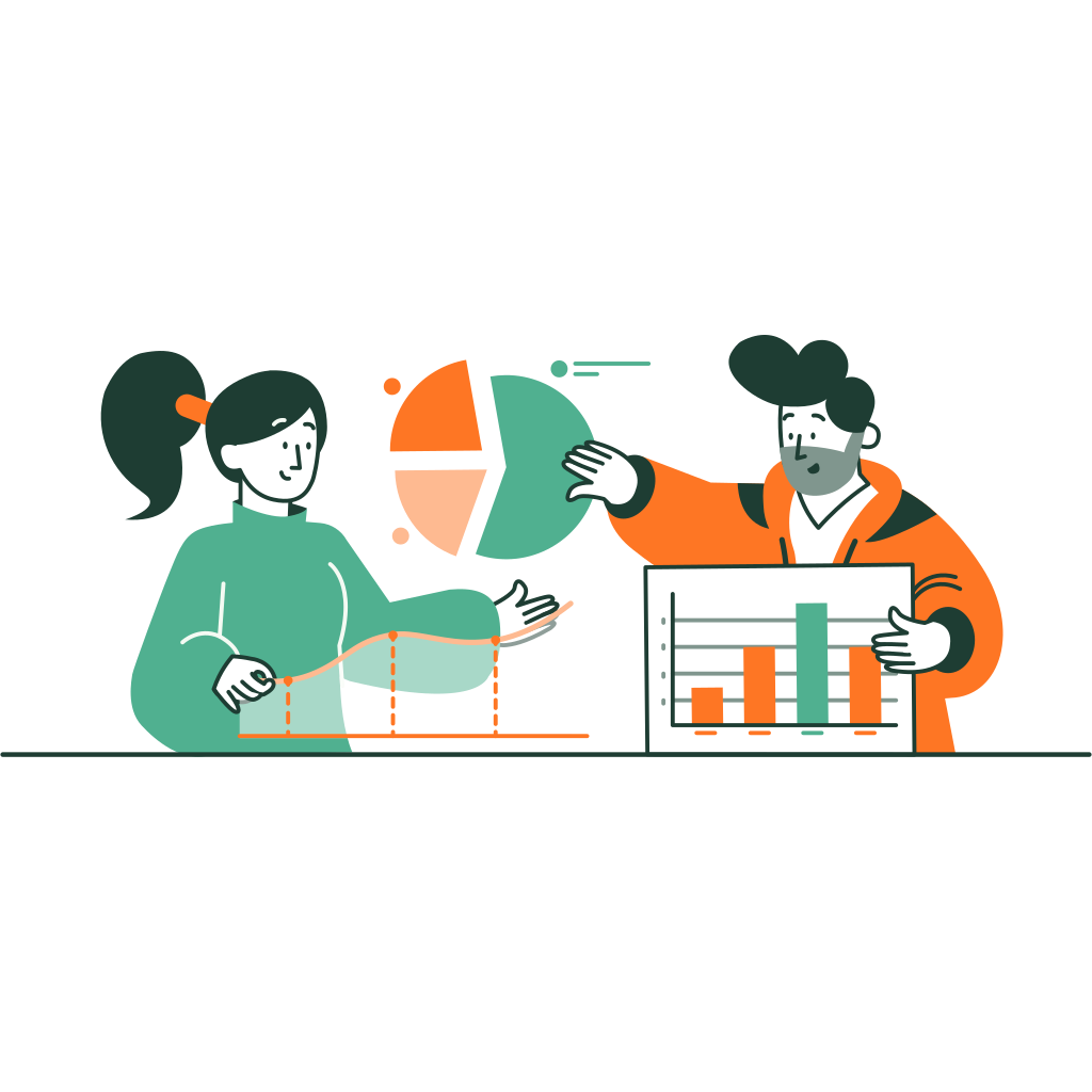 Zwei Personen mit Statistiken und Diagrammen
