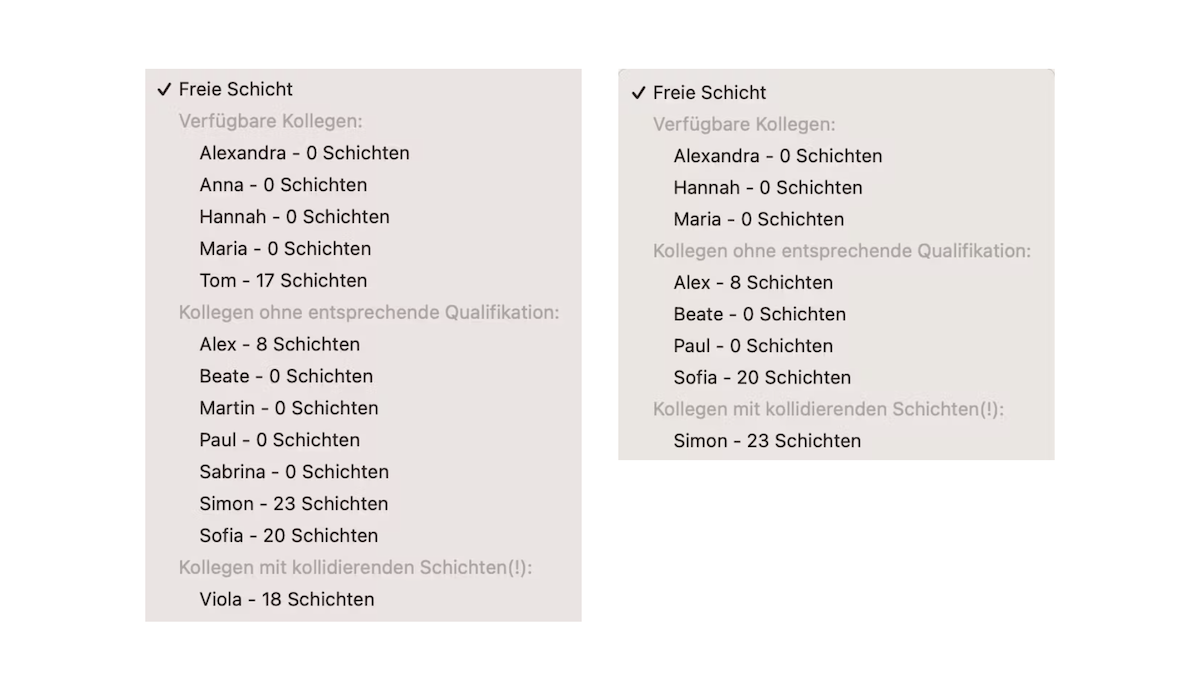 Zwei Dropdowns mit den verfügbaren Personen des Standorts