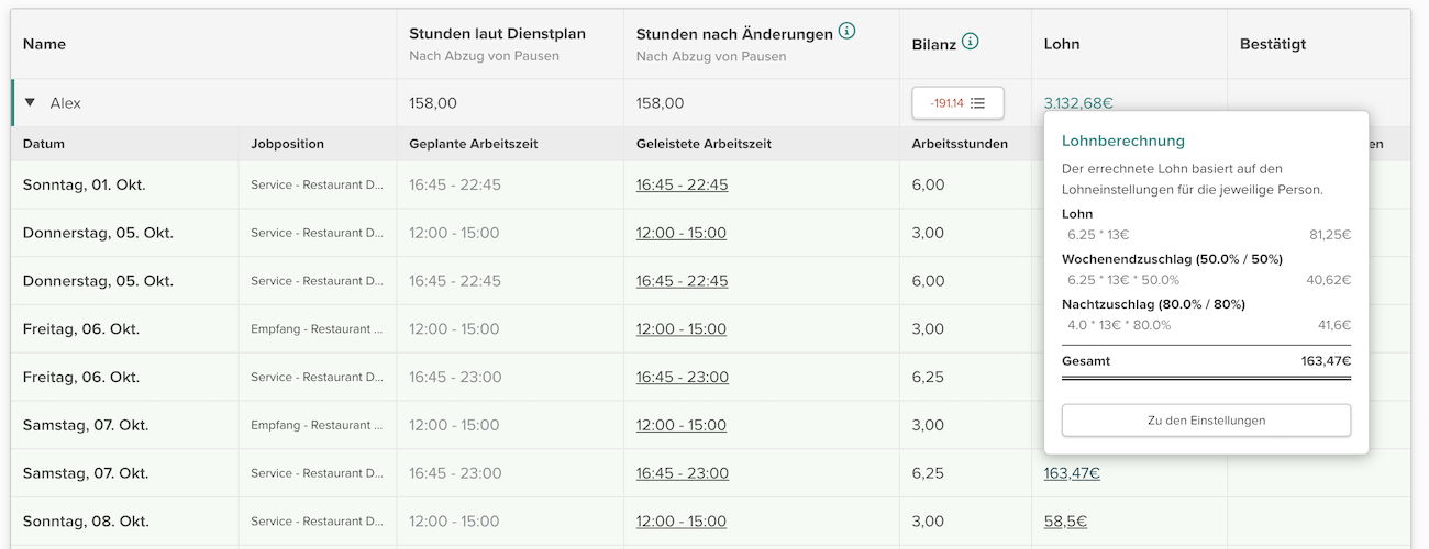 Infos zur Berechnung eines Schichtlohns in der Zeiterfassung