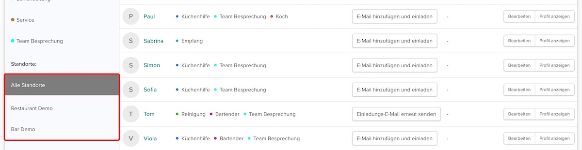 Standortfilter in der Mitarbeiterliste