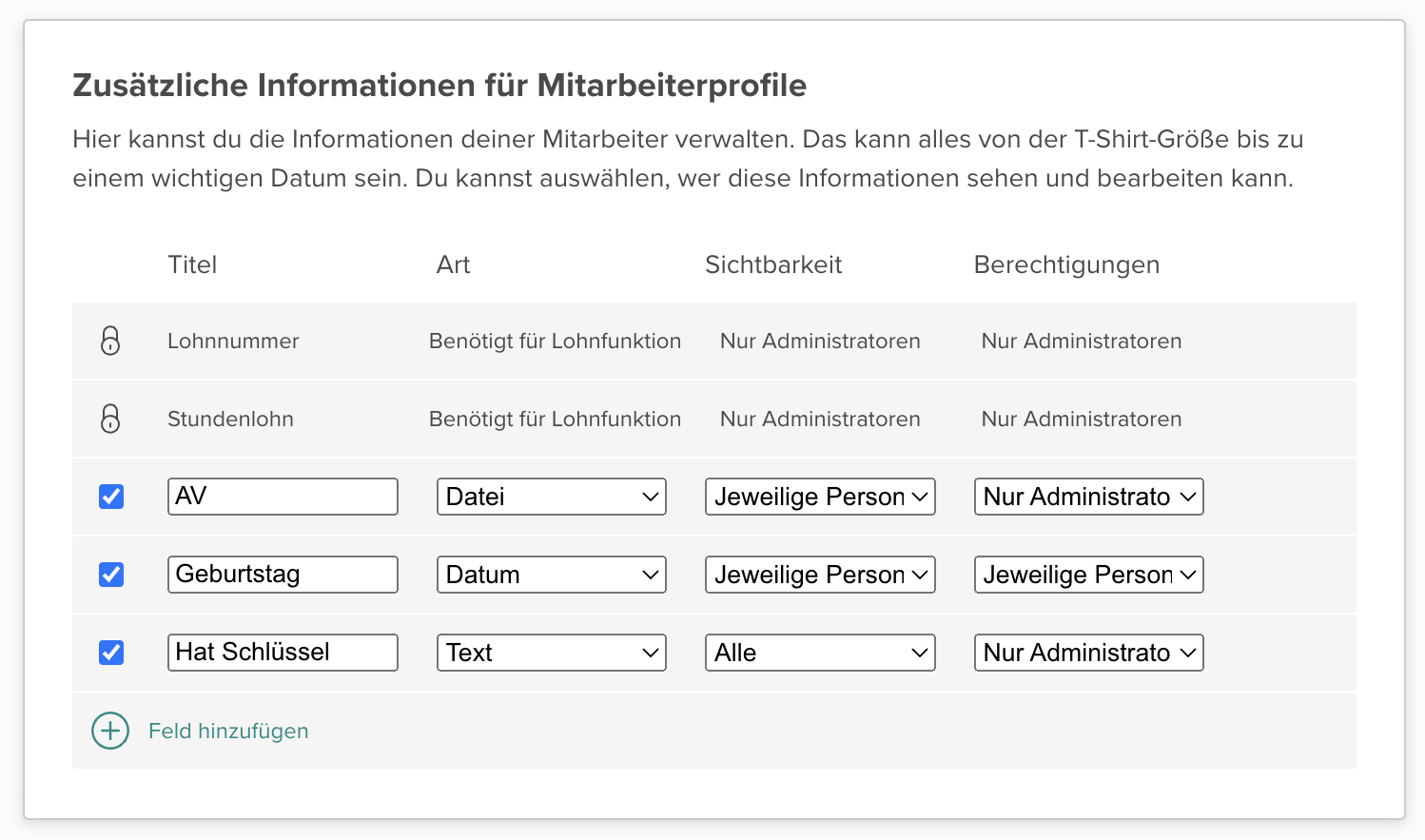 Einrichtung benutzerdefinierter Informationsfelder