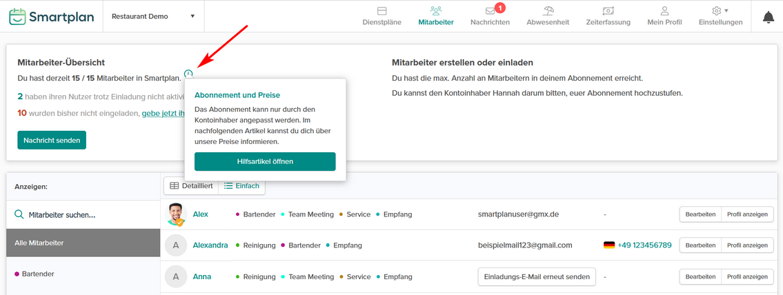 Hinweisbox auf der Seite "Mitarbeiter" mit Link zu Preisinformationen