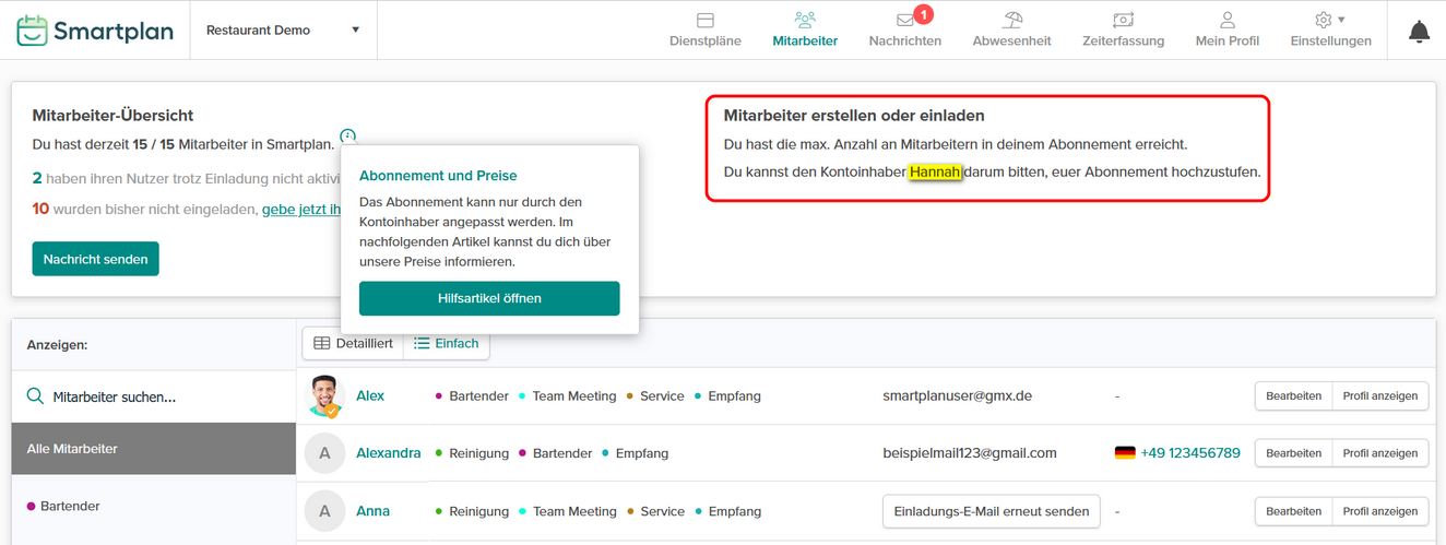 Hinweistext auf der Seite "Mitarbeiter" mit Verweis auf die Kontoinhaberin "Hannah"