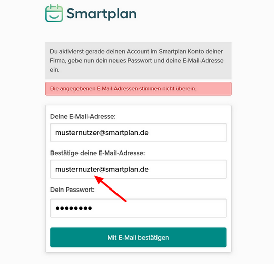 Bild einer Fehlermeldung aufgrund nicht identischer E-Mail-Adressen