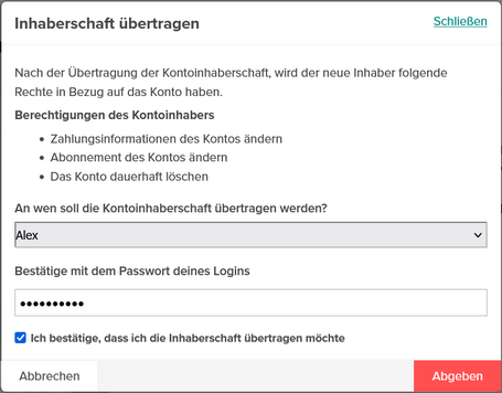 Bild einer Übertragung der Kontoinhaberschaft an den Admin "Alex"